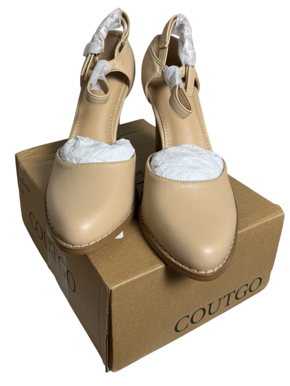 Coutgo Vintage Nude Chunky Block Heels Closed Pointed Toe Ankle Strap Pumps 6